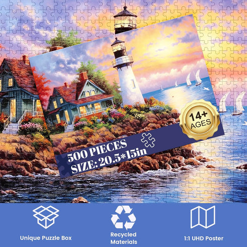 500 Piece Puzzle for Adults-Lighthouse | Recycled Cardboar Jigsaw Puzzles 500 Pieces | Challenging Family Activity Great Gift Idea for Family Frie...