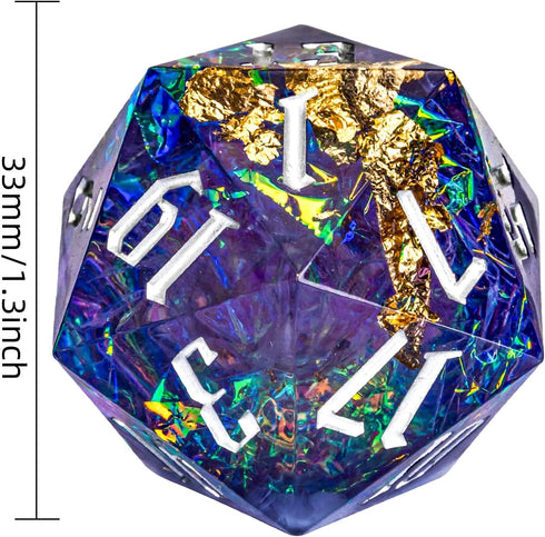Cusdie Single D20 DND Dice with Sharp Edges and Glitter Foil Inclusions, 20 Sided D&D Dice, 33mm Handcrafted Polyhedral Dice, for Role Playing Gam...