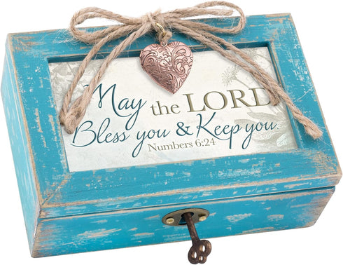 Cottage Garden Lord Bless and Keep You Petite Locket Distressed Teal Music Box Plays How Great Thou Art...