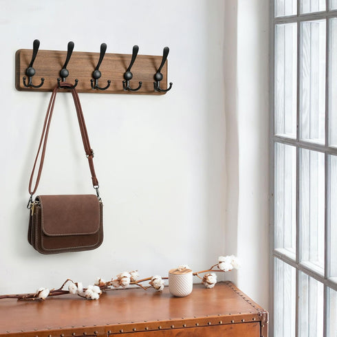WEBI Rustic Coat Rack Wall Mount,Solid Wood Coat Hooks Wall Mounted Coat Hanger,16" Hole to Hole,Hook Rack Rail,5 Triple Hooks for Hanging Coats,J...