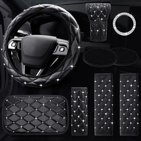 9 Pcs Bling Car Accessories Set for Women, Diamond Steering Wheel Cover, Rhinestone Center Console Pad Seat Safety Belt Pad Handbrake Cover Gear S...