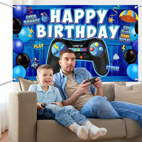 Video Game Birthday Decorations Banner Backdrop Blue Game Birthday Party Decorations Level up Gaming Theme Party Backdrop Photo Props for Gamer Ki...
