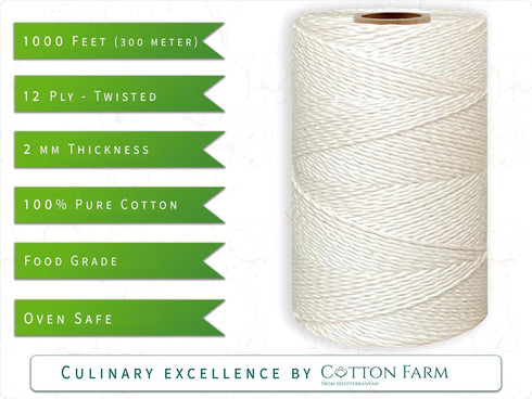 Cotton Farm Cooking Twine, 1000 Feet String, 0.1 Inch (2mm) Thickness, Twisted (Extra Strong), 100% Unbleached Cotton - Butchers Choice for Cookin...