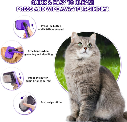 Dog Brush Kit for Shedding Short & Long Haired Cats, Self Cleaning Slicker Brush for Small Medium & Large Animals, Puppy. 3 in 1 Pet Grooming Set,...