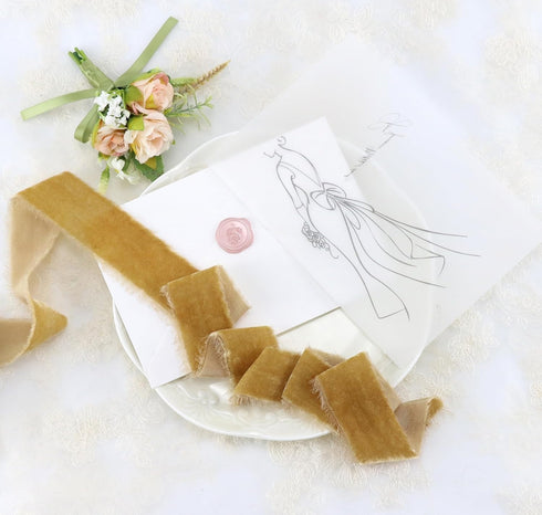 Gold Velvet Ribbon 1.5 Inch Khaki Frayed Silk Velvet Ribbon Rustic Gold Christmas Velvet Ribbon Gift Ribbon Raw Edge Boho Ribbon Wedding Invitatio...