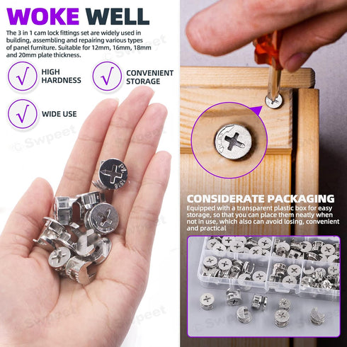 Swpeet 100Pcs 4 Sizes 3 in 1 Furniture Connecting Cam Lock Fittings Assortment Kit, Fastener Cabinet Connectors Hardware Bolts Furniture Connectin...