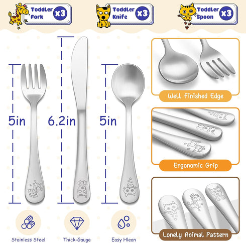 E-far 9-Piece Toddler Utensils, Stainless Steel Kids Silverware for Baby Self Feeding, Includes Toddler Forks Spoons Knife with Cute Animal Patter...