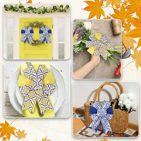 Boho Wired Edge Ribbon Blue Yellow Stripe Plaid Floral Leaves Fabric Craft Ribbon for Wedding Birthday Bridal Shower Wreath Bow Making, 4 Rolls, 2...