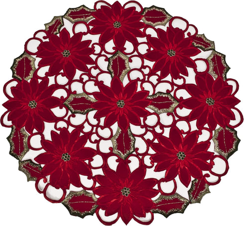 Linens, Art and Things Embroidered Elegant Rich Christmas Red Poinsettia Gold Thread Green Leaves Holiday Doily Small Tablecloth Centerpiece (24 I...