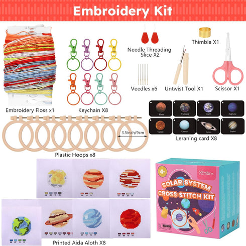 XEmbro 8 PCS Cross Stitch Kits for Beginners, Solar System Kids Embroidery Kit, Stamped Cross Stitch Craft Supplies for Boys and Girls, Planet Pat...