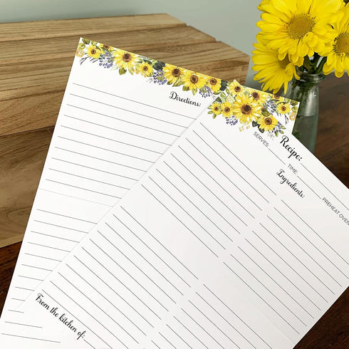 321Done Folding Recipe Cards (Set of 50) Sunflowers on White, From the Kitchen Of - Folds to 3x5 from 6x5 - Retro Vintage Wedding Baby Bridal Show...