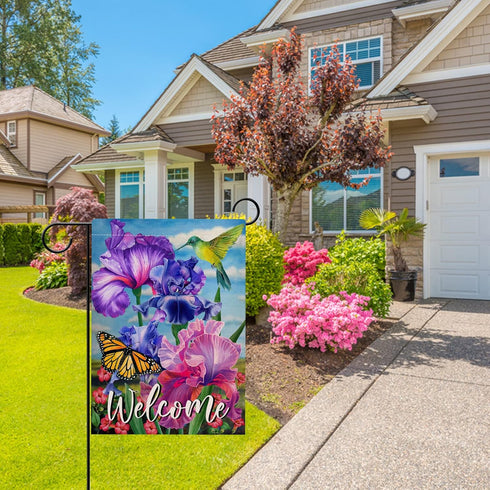 Welcome Spring Hummingbird Iris Garden Flag Double Sided, Purple Flower Bird Yellow Butterfly Decorative House Yard Outdoor Small Decor, Summer Fl...