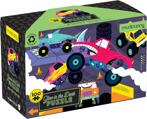 Mudpuppy Monster Trucks – 100 Piece Glow in The Dark Puzzle with Colorful Scene of Cars and Trucks and Hidden Puzzle Details in The Dark for Child...
