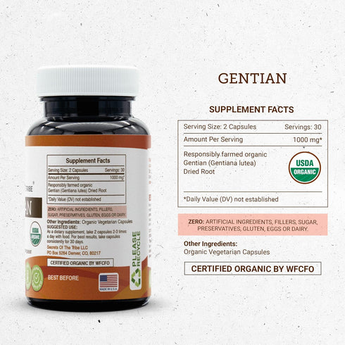 Secrets of the Tribe Gentian USDA Organic 60 Capsules | Made with Organic Vegetarian Capsules and Responsibly farmed Organic Gentian (Gentiana Lut...