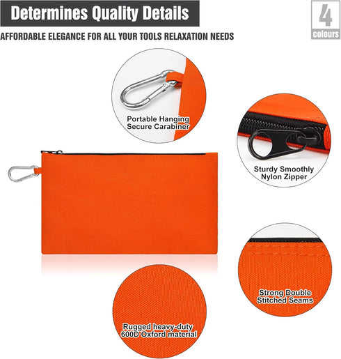 4 Pack Tool Pouch Zipper Bags, Heavy Duty Tools Pouch with Carabiner, Multipurpose Pouch Tote Bags with Dependable Durable Zippers...