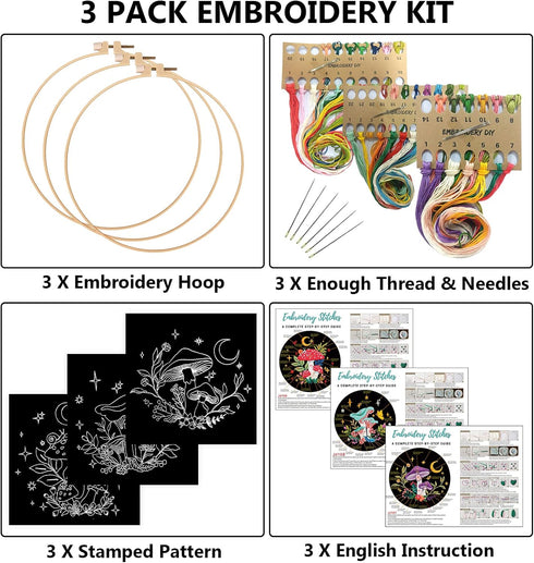 Nuberlic 3 Pack Embroidery Kit for Beginner Adults, Stamped Cross Stitch for Embroidery Starters with Mushroom Patterns Include 3 Embroidery Hoop,...