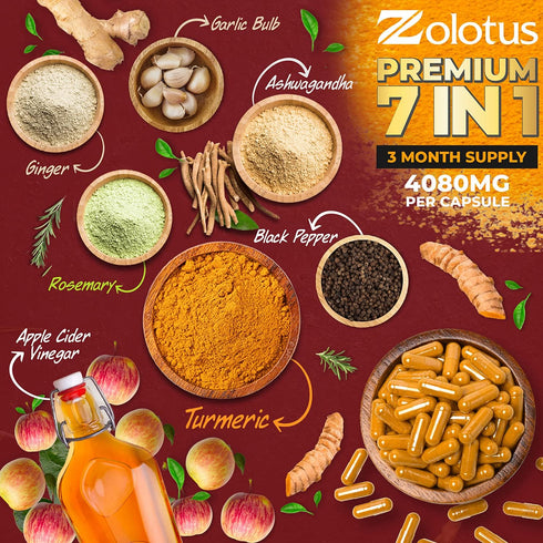 7 in 1 Turmeric Curcumin + Apple Cider Vinegar Capsules, Equivalent to 4080mg, 3 Month Supply with Ashwagandha, Ginger, Garlic Bulb, 95% Standardi...