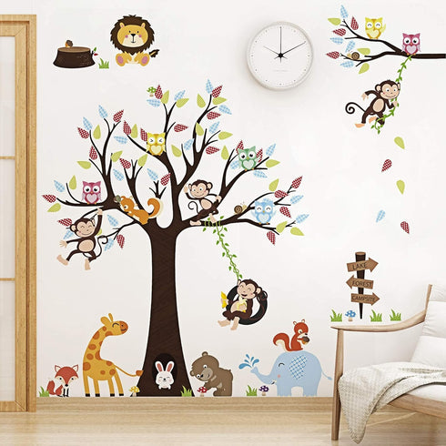 LiveGallery Cartoon Animals Wall Decals Removable Tree Wall Stickers DIY Owls Wall Art Cute Monkey Elephant Giraffe Wall Decal for Kids Boys Child...