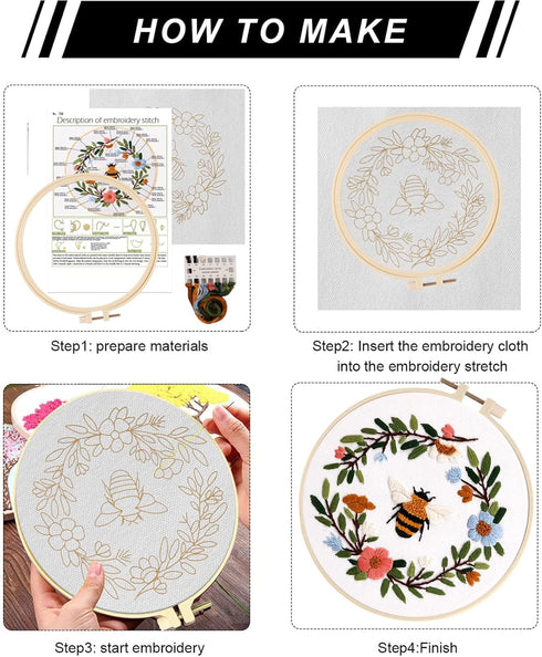 Lukinbox Embroidery Starter Kit for Beginners, 3 Sets Cross Stitch Kits for Adults, Include Embroidery Clothes with Cute Bees and Flowers Patterns...