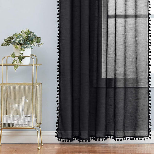 Treatmentex Black Pom Pom Sheer Curtains for Bedroom 63" Linen Texture Decorative Voile Draperies Chic Solid Sheer Curtain Panels for Living Room ...