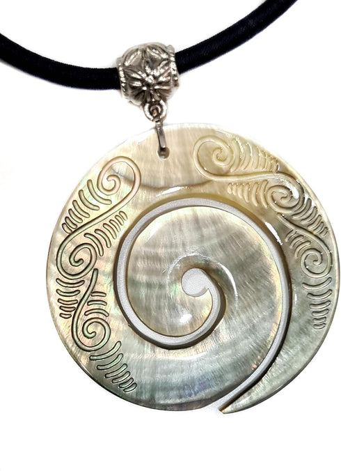 Hand Carved Maori Mother of Pearl Shell Koru Peace Pendant 16 to 27 inches Adjustable Cord necklace Handmade Jewelry CA239-N...