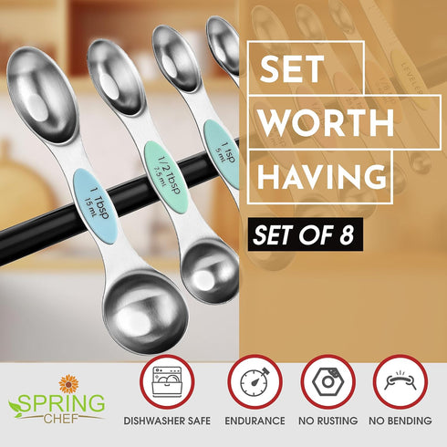 Spring Chef Stainless Steel Magnetic Measuring Spoons Set of 8 with Leveler, Metal Teaspoon & Tablespoon Measuring Spoons for Dry and Liquid Ingre...