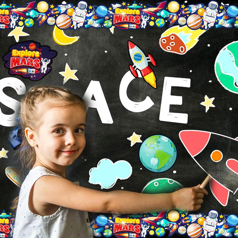 67.9 Ft Space Astronauts Bulletin Board Borders Die-Cut Bulletin Borders Planet Shape Rolled Bulletin Board Trim for School Classroom Office Chalk...