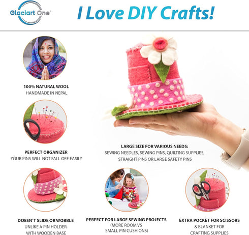 GLACIART ONE Sewing Needles & Pin Cushion Hat | Large Size |Durable & Handmade Craft Sewing Supplies | Also for Quilting Pins/Needles, Sewing Mach...