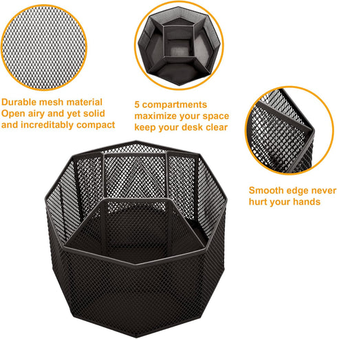 Annova Mesh Desk Organizer Rotate with 5 Compartments Spinning Tidy Candy/Pen Holder Office, Art Supply, Storage, Classroom, Home (Black)...