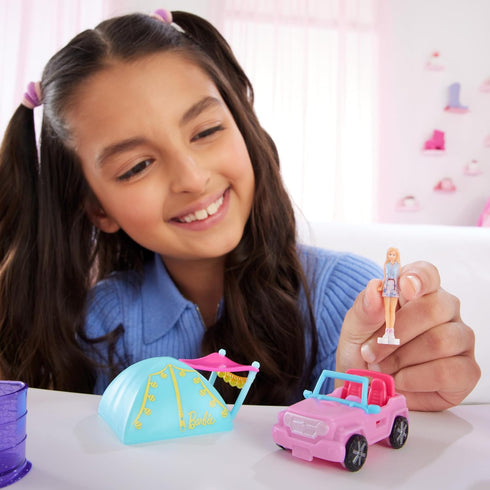 Barbie Mini BarbieLand Doll & Toy Vehicle Sets, 1.5-inch Doll & SUV with Color-Change Surprise & Tent Accessory...