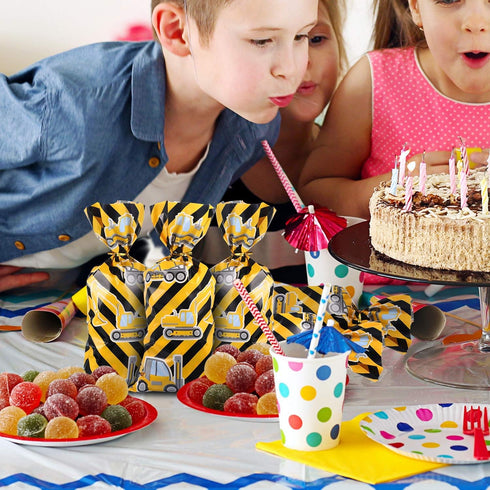 Gejoy 100 Pieces Construction Party Favor Bags Truck Themed Candy Treat Gift Construction Theme Cellophane Bags with 100 Pieces Golden Twist Ties ...