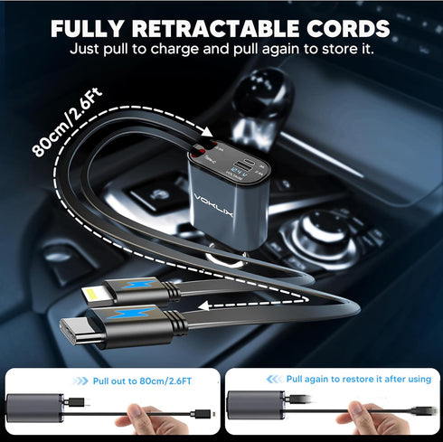 Retractable Car Charger, 4 in 1 Retractable Car Charger 66W with Cord 2.6ft, USB C Car Charger, Retractable Cables and USB Car Charger Adapter Com...