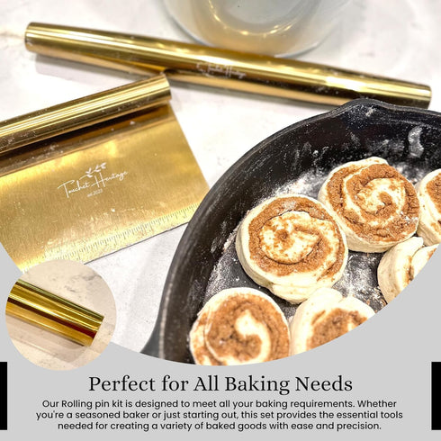 French Rolling Pin and Dough Scraper Set | Gold Bench Scraper Tool | Rolling Pin For Dough | Bread Making Accessories | Metal Bread Dough Cutter |...