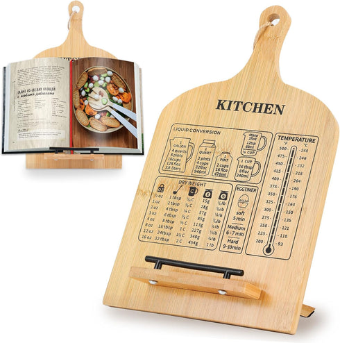 Cookbook Stand, Wooden Cookbook Holder with Measurement Conversion Chart, Adjustable and Dismantle Cook Recipe Book Stand, Cookbook Holders for Ki...