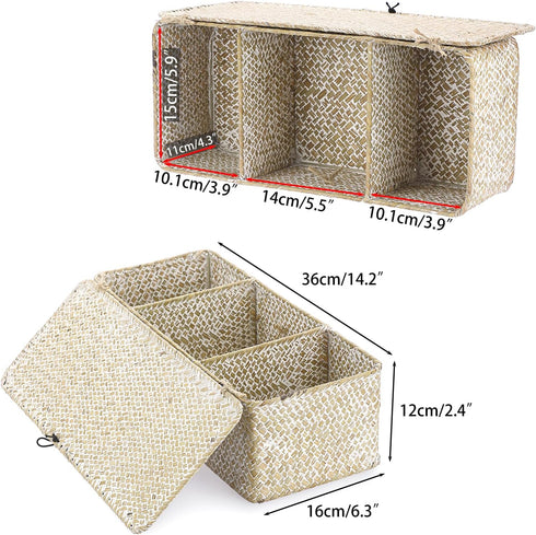 Hipiwe Seagrass Storage Basket Bin 3 Sections Hand-Woven Wicker Basket with Lid Bathroom Basket Toilet Tank Basket Holder for Organize Snack Tissu...