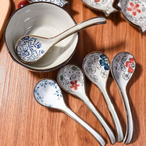 Japanese and Korean Large Ceramic Soup Spoon Set of 5 Hand-Painted Long Handle Rice Spoons...