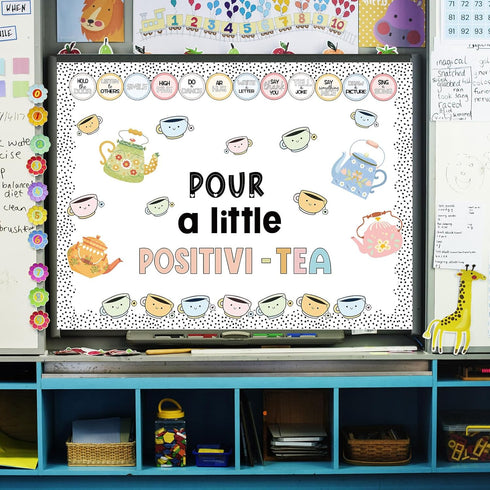 94Pcs Positivi-Tea Bulletin Board Set Motivational Paper Cutouts with 200Pcs Glue Points Kettle Teacup Bulletin Border Stickers for Classroom Offi...