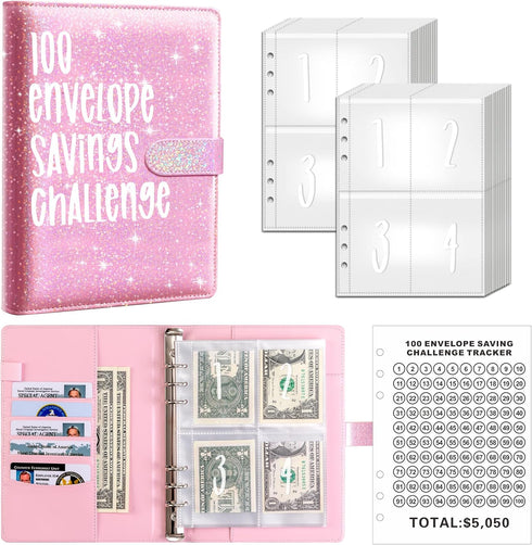 100 Day Money Saving Challenge Binder, Reusable Budget Book with Cash Filled Envelope Frosted Cover Money Binder Cash Savings Challenge Storage Bo...