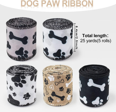 Dog Ribbon Paw Print Ribbon 5 Rolls Wired Edge Ribbon 2.5 Inch 25 Yards Burlap Wired Ribbons for Crafts Party Home Ornaments Wedding Gift DIY Deco...