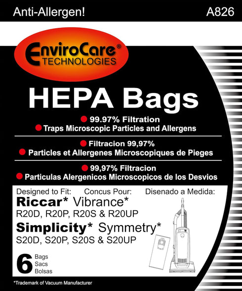 EnviroCare Replacement HEPA Vacuum Cleaner Bag Designed to Fit Riccar Vibrance and Simplicity Symmetry Uprights 6 Bags...