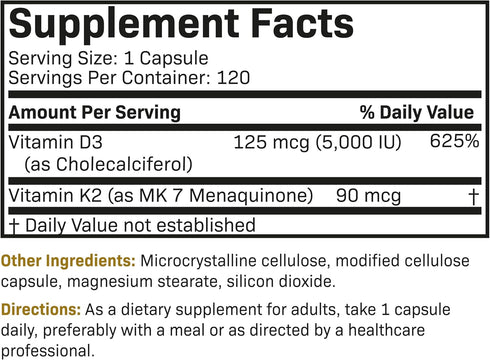 Futurebiotics Vitamin K2 (MK7) with D3 Supplement - Non-GMO Formula - 5000 IU Vitamin D3 & 90 mcg Vitamin K2 MK-7, 120 Vegetarian Capsules...