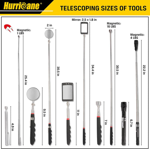 HURRICANE 5Pcs Telescoping Magnetic Pick Up Tool Kit, Gifts for Men, with 1Lb and 16Lb Pickup Rod, Round/Square 360 Swivel Adjustable Inspection M...