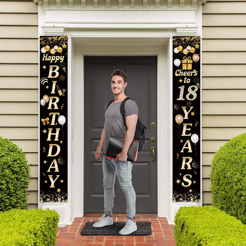 Happy Birthday Cheers to 18 Years Black Gold Yard Sign Door Banner 18th Birthday Decorations Party Supplies...