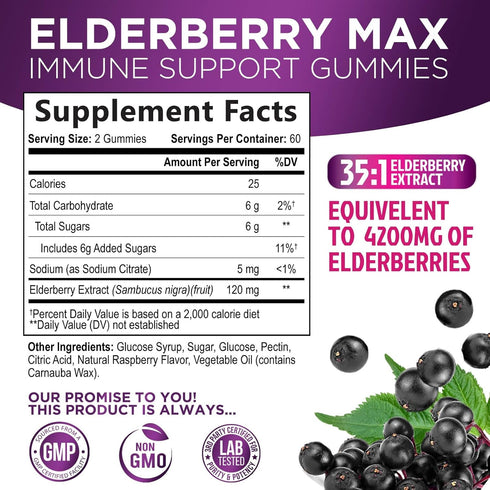 Sambucus Elderberry Gummies for Adults, Teens & Kids - Super Concentrated 35:1 Extract, Equivalent to 4200mg of Elderberries - Daily Immune Suppor...