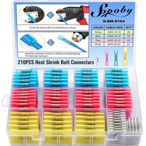 210PCS Heat Shrink Butt Connectors, Sopoby Marine Grade Electrical Wire Connectors Kit, Tinned Red Copper Insulated Waterproof Crimp Terminals But...