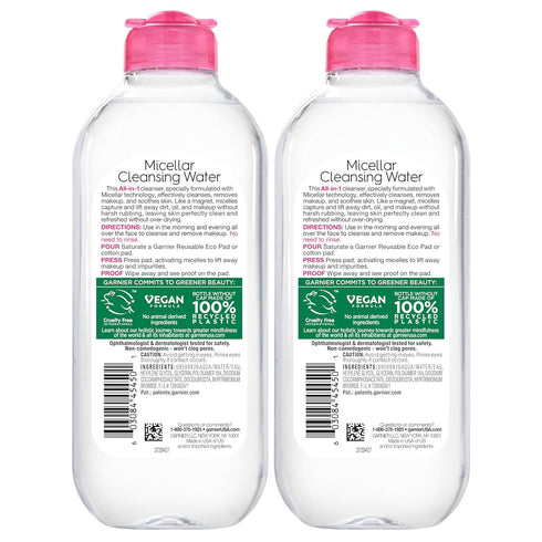 Garnier Micellar Water, Hydrating Facial Cleanser & Makeup Remover, Suitable for Sensitive Skin, Vegan, Cruelty Free, 13.5 Fl Oz (400mL), 2 Count...
