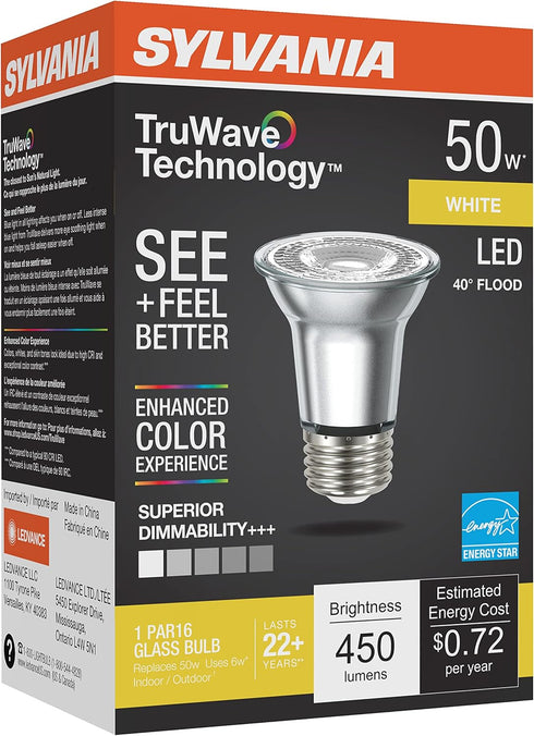 SYLVANIA LED TruWave Natural Series PAR16 Light Bulb, 50W Equivalent Efficient 6W, Medium Base, Dimmable, 3000K, White - 1 Pack (40930)...