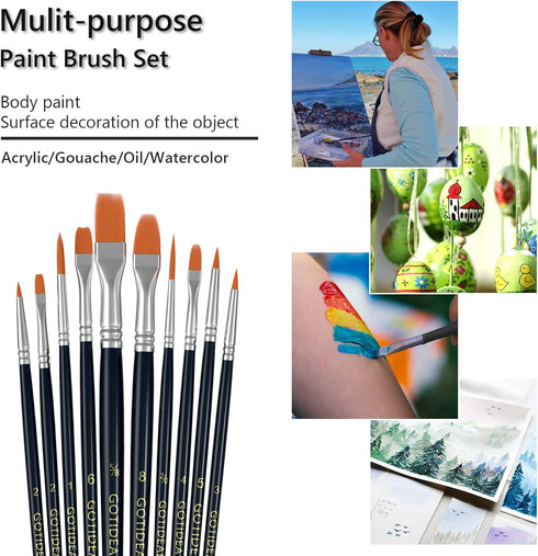 GOTIDEAL Paint Brush Set, 10 Pcs Round Pointed Tip, Small Nylon Hair Brushes for Acrylic, Oil and Gouache?Body, Face Nail Art and Rock Painting, P...