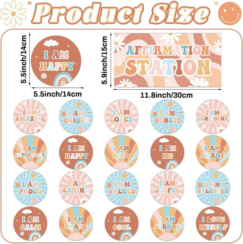 Hippie Affirmation Station Bulletin Board Set Groovy Positive Bulletin Board for Classroom Mirror Growth Mindset Decors Inspirational Motivational...