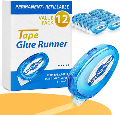 12 Pack Double Sided Tape Roller, 8mm x 315 Inch Permanent Adhesive Scrapbook Tape Dispenser Runner, Glue Tape Roller for Scrapbooking, Crafts and...
